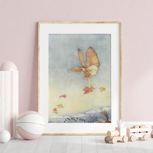 Vintage Autumn Fairy Illustration for Nursery och Kids Room by Ida Rentoul Outhwaite, Retro Fairy Wall Art for Nursery.