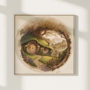 Printable Fantasy House in the Shire Painting, Digital Download Hobbiton Fantasy Wall Art.