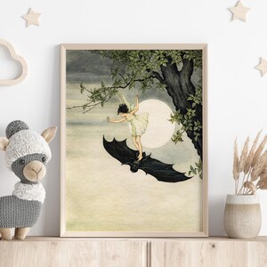 Fairy Girl Riding on a Bat Fine Art Print by Ida Rentoul Outhwaite, Vintage Fairytale Illustration for Children&#39;s Room.