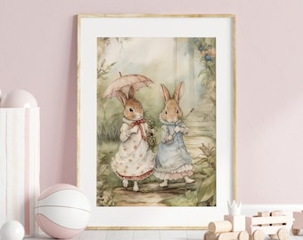 Cute Bunnies Nursery Wall Art, Beatrix Potter Rabbit Watercolor Illustration, Vintage Rabbit Pester Art for Children's Room.