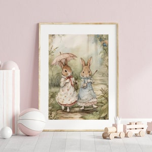 Niedliche Kaninchen-Kinderzimmer-Wandkunst, Beatrix Potter-Kaninchen-Aquarell-Illustration, Vintage Kaninchen-Pester-Kunst für Kinderzimmer.