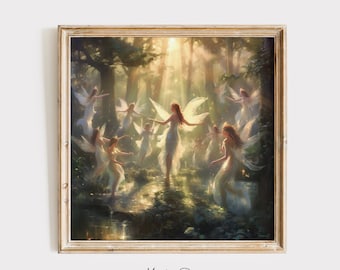Forest Fairies Painting, Fairy Tale Wall Art, Fairycore print, Whimsical Fairy Illustration, Kids Room Fairy, Fairies Dancing in the Forest.