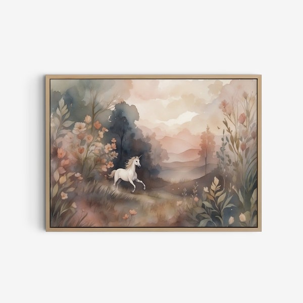 Whimsical Unicorn running in a Magical Fairy Tale Meadow, Unicorn Watercolor Painting, Aesthetic Unicorn Art, Enchanting Nursery Print.