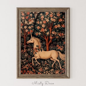 Vintage Medieval Unicorn Tapestry Print Art, Magical Aesthetic Unicorn Wall Art, Unicorn in Forest Kids Room Wall Art, Dark Fairy Tale Art.