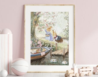 Cute Bunnies Nursery Wall Art, Beatrix Potter Rabbit Watercolor Illustration, Vintage Rabbit Pester Art for Children's Room.