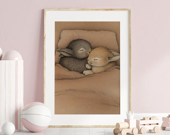 かわいい眠っているウサギのヴィンテージ保育園のイラスト、気まぐれなウサギの壁アート、印刷可能なおとぎ話のウサギの絵画、子供部屋のポスター