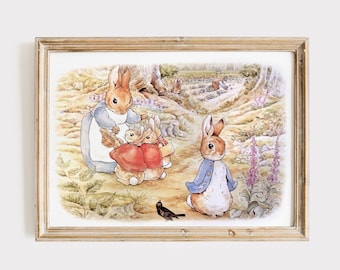 Beatrix Potter Peter Rabbit Printable Wall Art, Vintage Bunnies Nursery Poster, Cute Rabbit Illustration for Children's Room.