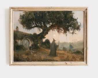 Fellowship Wizard Standing Outside Fantasy House, Rustic Power Ring Oil Painting.