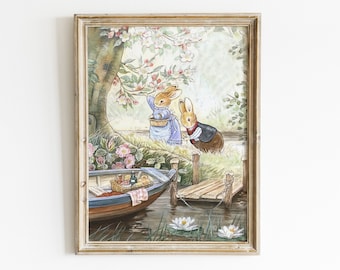 ビアトリクス・ポターのウサギのピクニックのヴィンテージイラスト、子供部屋用のかわいいウサギの壁アート、子供部屋用のヴィンテージウサギの絵画。