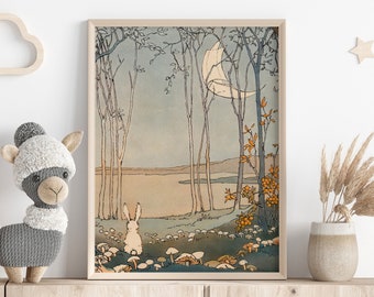 Cute Vintage Rabbit Illustration for Nursery and Kids Room, Enchanting Painting of a Rabbit Looking at the Moon, Vintage Nursery Wall Art.