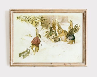 Vintage Rabbits Beatrix Potter Illustration, Kids Storybook Wall Art, Kids Room Winter Landscape Wall Art, Cute Bunny Print Art.