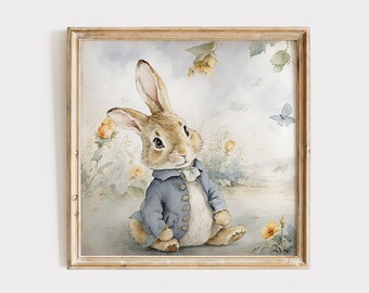 Pittura ad acquerello per bambino Peter Rabbit per la cameretta dei bambini, arte regalo per la scuola materna del simpatico coniglietto, arte da parete regalo per baby shower, poster in stile Beatrix Potter.