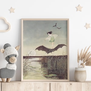 Fairy Girl Riding on a Bat Illustration by Ida Rentoul Outhwaite, Vintage Fairytale Wal Art for Children&#39;s Room.