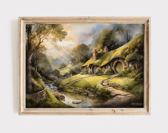 House in Fantasy Valley Landscape, Painting of Fantasy House in Flower Meadow Landscape, Digital High Fantasy Power Ring Wall Art.