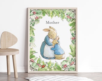 Mother Rabbit Hugs Peter Rabbit, Beatrix Potter Printable Wall Art, Cute Nursery Poster Art, Nursery Mom Gift Art.