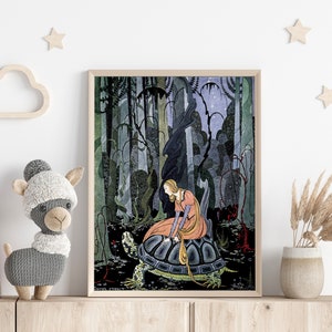Whimsical Vintage Illustration by Virginia Frances Sterrett, French Fairy Tale Art, Princess on Turtle Print Art, Golden Age of Illustration