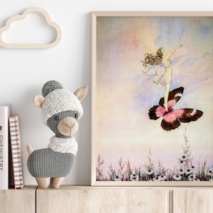 Printable Fairy Riding on a Butterfly Wall Art by Ida Rentoul Outhwaite, Vintage Fairy Illustration for Nursery.