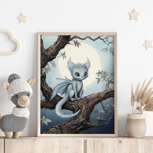 Cute Baby Dragon Nursery Wall Art, Blue Tone Printable Fairy Tale Kids Room Art. Whimsical Fairytale Wall Decor, Baby Dragon Illustration.