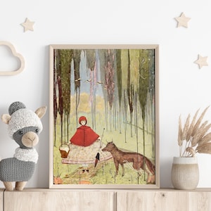 Vintage Rotkäppchen Illustration für Kinderzimmer, Kinderzimmer Geschenk Kunst, Märchen Illustration.
