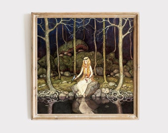 Princesse de la forêt par John Bauer, art mural folklorique vintage, impression d'art de conte de fées, affiche princesse pour chambre d'enfant, impressions de contes folkloriques.