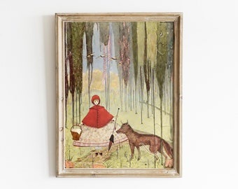 Vintage Little Red Riding Hood Illustration for Nursery, Nursery Gift Art, Fairy Tale Illustration.