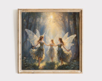Encantadoras hadas del bosque bailando en un claro en la pintura del bosque, arte de la pared de cuento de hadas, impresión de hadas, cartel de hadas de la habitación de las niñas caprichosas