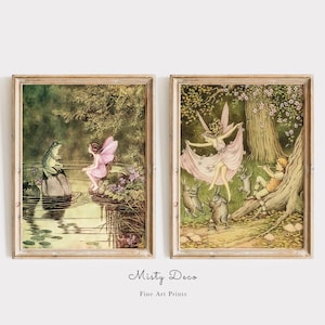 Whimsical Dancing Fairies and Rabbits and Fairy and Frog Illustrations by Ida Rentoul Outhwaite, Vintage Fairy Wall Art, perfect for Nursery