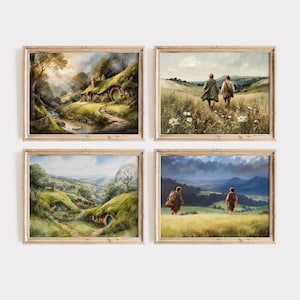 Unique the Shire Landscape Paintings, Old Friends Leaving Home set of 4, Hobbiton Wall Art, The Shire Landscape Posters.