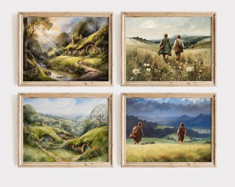 Pinturas únicas de paisajes con anillos de poder, Juego de 4 cuadros de viejos amigos que se van de casa, Arte mural de la Comunidad del Anillo, Pósteres de fantasía.