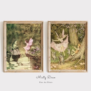 Forest Fairy Dancing with Rabbits and Cute Pink Fairy and Frog Illustration by Ida Rentoul Outhwaite, Fairytale Whimsical Wall Art.