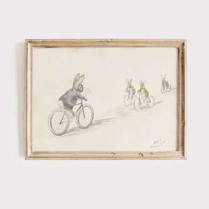 Beatrix Potter Biker Bunnies Vintage Illustration, Benjamin Hase und Freunde auf Fahrrädern Kinderzimmer Druck, Vintage Kinderbuch Rabbit Art.