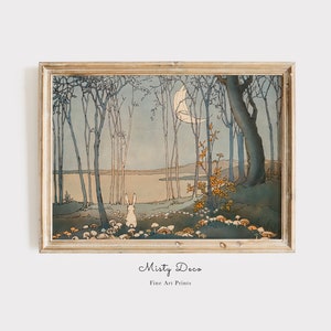 Jolie illustration vintage de lapin pour chambre d'enfant et de bébé, tableau enchanteur d'un lapin regardant la lune, art mural vintage pour chambre d'enfant.