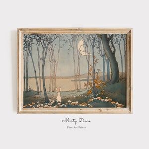 Cute Vintage Rabbit Moon Illustration for Nursery and Kids Room Printed on Premium Matte Paper.