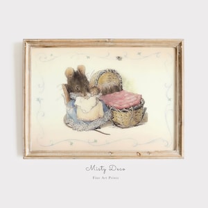 Beatrix Potter väggtavla för barnrum, vintage illustration med mus och bebis, affisch med sagobok för barn, söt mus i barnrummet. bild 1