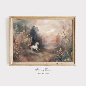 Whimsical Watercolor Painting of a Unicorn running in a Magical Fairy Tale Meadow, Aesthetic Unicorn Art, Enchanting Unicorn Nursery Print.