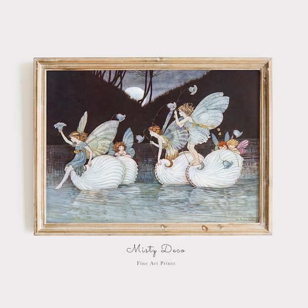 Fairies Riding on Sea Shells, Vintage Fairy Illustration by Ida Rentoul Outhwaite, Whimsical Fairytale Print Art, Children's Room Wall Art.