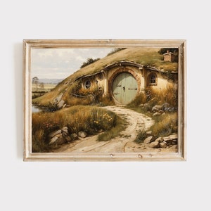 Unique Digital Fantasy House Painting, Hobbiton Art, Lanscape of the Shire Poster,  Perfect Fantasy Gift Art.