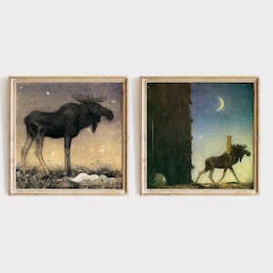 John Bauer Folklore Kunst 2er Set, Elch und Prinzessin, Vintage Märchen Wandkunst, Kinderzimmer Märchen Wandkunst, Kinderzimmer Wandkunst.