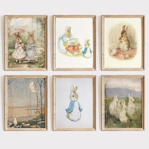 May include: Six framed illustrations of Peter Rabbit and his family. The illustrations are in a vintage style with watercolor-like colors. The frames are light brown wood.