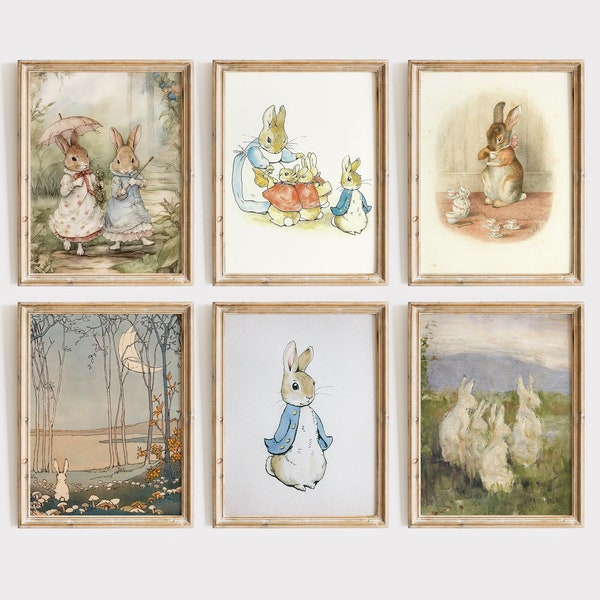 Printable Vintage Bunnies Collection, Beatrix Potter Rabbit Wall Art, Cute Bunny Drinking Tea Print Art for Nursery or Children's Room.