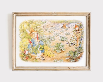 Peter Rabbit Eating Carrots in Mr McGregor's Garden Illustration, Perfect Beatrix Potter Vintage Art for Nursery, Bunny Art for Kids Room