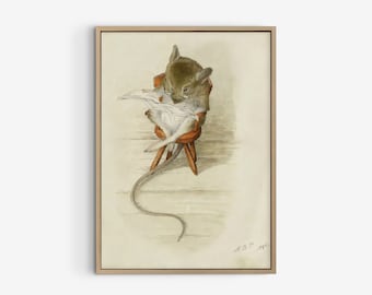 Oryginalna ilustracja do pokoju dziecięcego przedstawiająca mysz Beatrix Potter czytającą papier, stary wydruk do pokoju dziecięcego, wydrukowana książka dla dzieci przedstawiająca mysz.