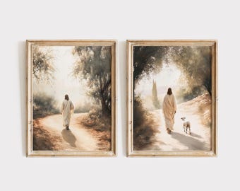 Jesus Leaves the 99 Watercolor Paintings Set of 2, The Good Shepherd Digital Wall Art, Jesus Will Find the Lamb.