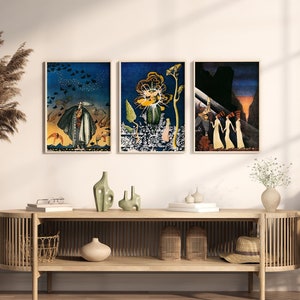 Collection of Vintage Fairy Tale Illustrations by Kay Nielsen, Golden Age of Illustration Wall Art, Enchanting Fairytale Paintings in Blue.