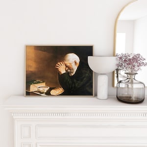 Man bidden over brood print kunst aan de muur, oude man bidden, genade door Eric Enstrom, beroemde christelijke kunst aan de muur.