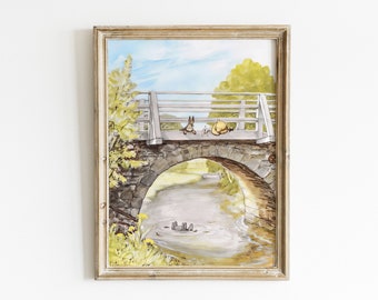 Kubuś Puchatek na kamiennym moście, Vintage Printable Wall Art do pokoju dziecięcego, Eeyore pod mostem, Klasyczna ilustracja Kubusia Puchatka
