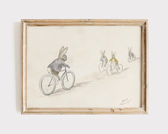 Beatrix Potter Biker Bunnies Vintage Illustration, Benjamin Bunny and Friends on Bicycles Kinderzimmer Druck, Vintage Kinderbuch Rabbit Art.