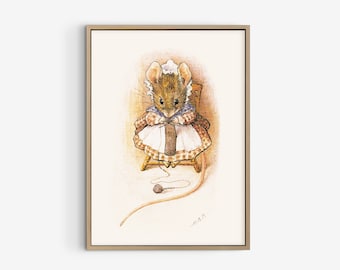Oryginalna ilustracja Myszki Beatrix Potter do pokoju dziecięcego, drukowana sztuka ścienna z myszką robioną na drutach, prezent w stylu vintage do pokoju dziecięcego.