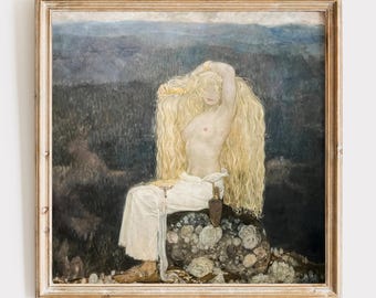 Pintura MUY RARA de John Bauer, pintura al óleo de Sagoflickan.