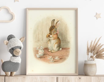 Le goûter d'un lapin, illustration fantaisiste de conte de fées par Beatrix Potter, impression de lapin en train de boire du thé, oeuvre d'art magique pour chambre d'enfant.